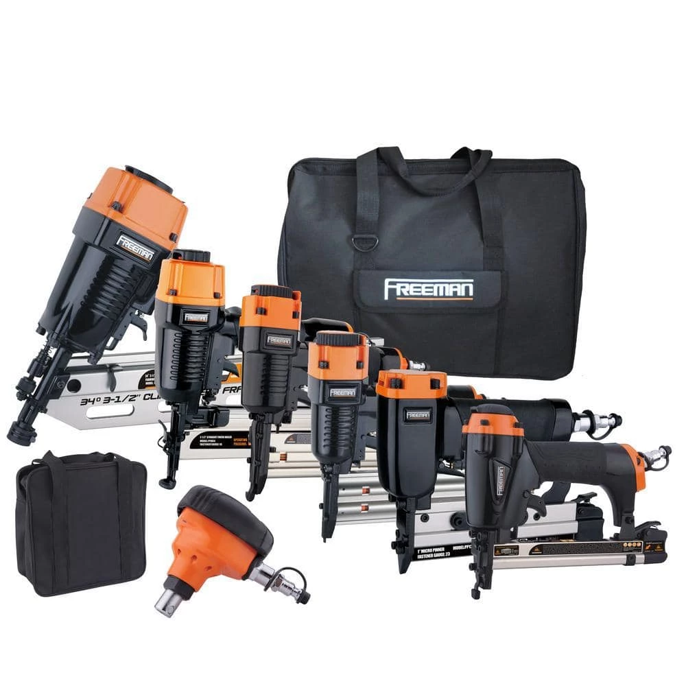 Complete Pneumatic Framing and Finishing Nailer and Stapler Kit with Bags and Fasteners (9-Piece) by Freeman 1 Complete Pneumatic Framing and Finishing Nailer and Stapler Kit with Bags and Fasteners (9-Piece) by Freeman