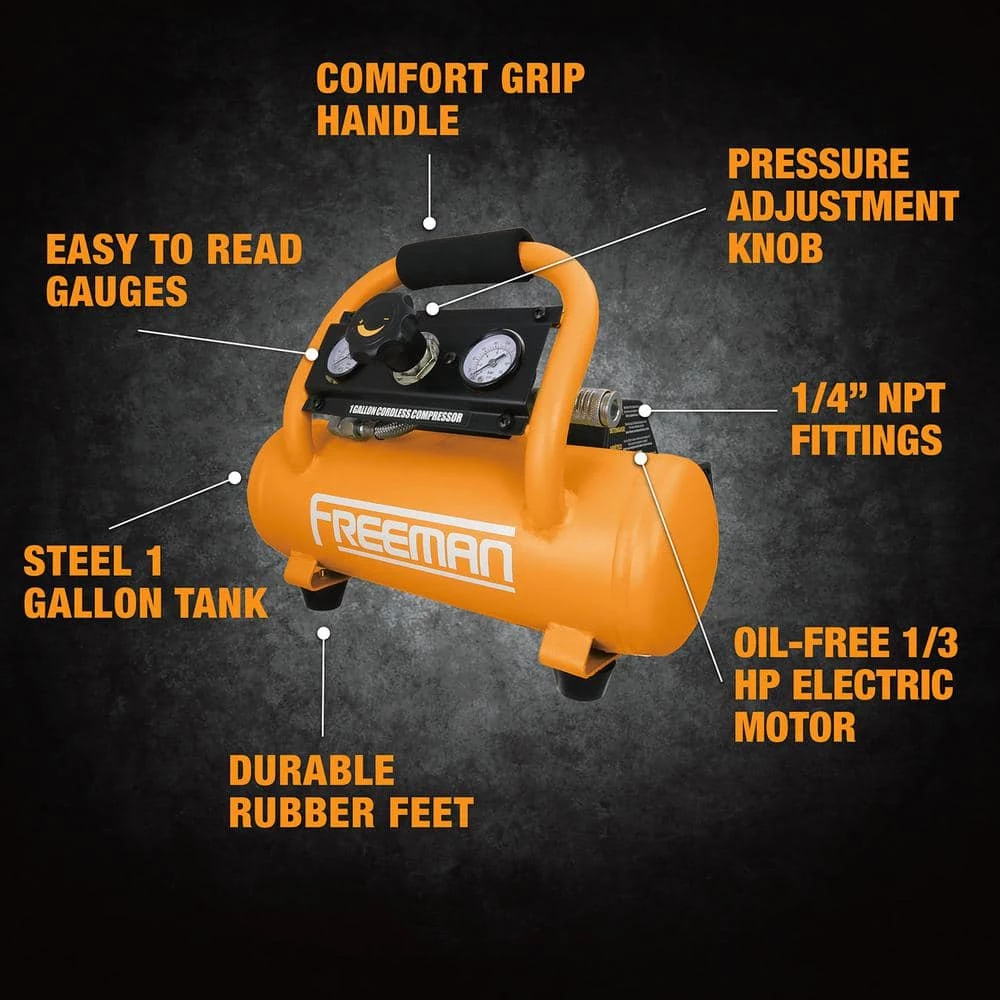 1 Gal. 20-Volt Cordless 1/3 HP Air Compressor Kit with 4 Ah Lithium-Ion Battery and Quick Charger - 700 Shots per Charge by Freeman 9 1 Gal. 20-Volt Cordless 1/3 HP Air Compressor Kit with 4 Ah Lithium-Ion Battery and Quick Charger - 700 Shots per Charge by Freeman - Image 9