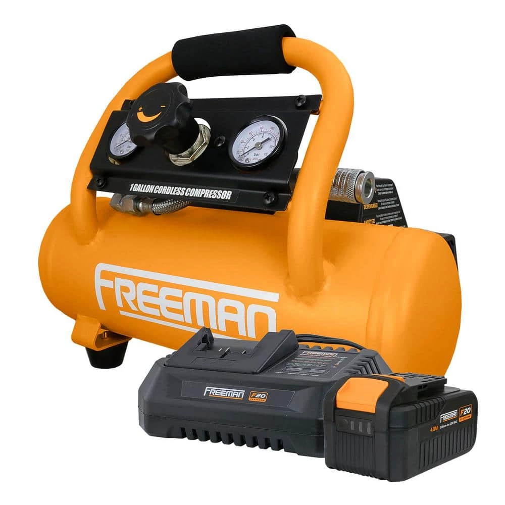 1 Gal. 20-Volt Cordless 1/3 HP Air Compressor Kit with 4 Ah Lithium-Ion Battery and Quick Charger - 700 Shots per Charge by Freeman 1 1 Gal. 20-Volt Cordless 1/3 HP Air Compressor Kit with 4 Ah Lithium-Ion Battery and Quick Charger - 700 Shots per Charge by Freeman